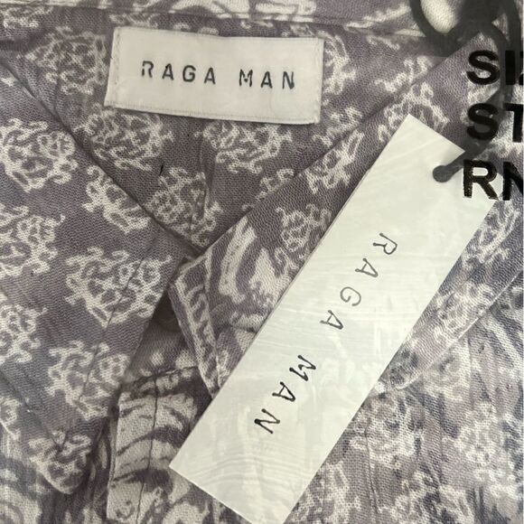 Raga Man Steven Button Down SS, Boho Style Shirt, Gray and Cream. Large. NWT! - Picture 2 of 7